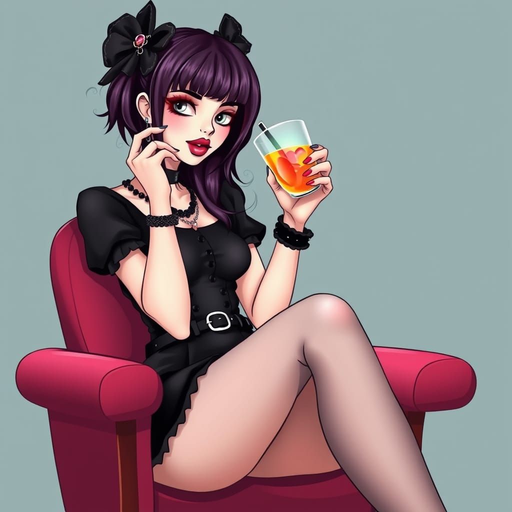 Goth Woman with Drink in Abstract Style