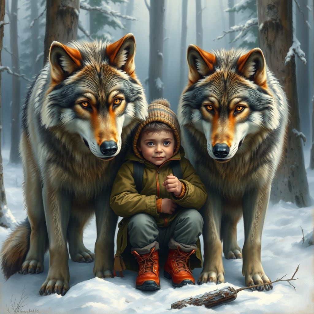 Wolves Shelter Lost Boy in Snowy Forest, Wildlife Art