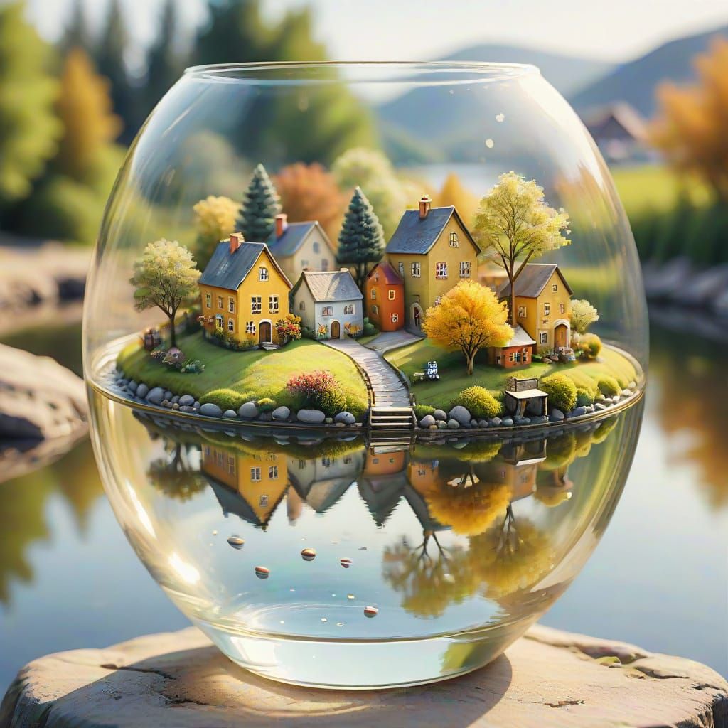 Miniature Village in Glass Vase: Watercolor Art