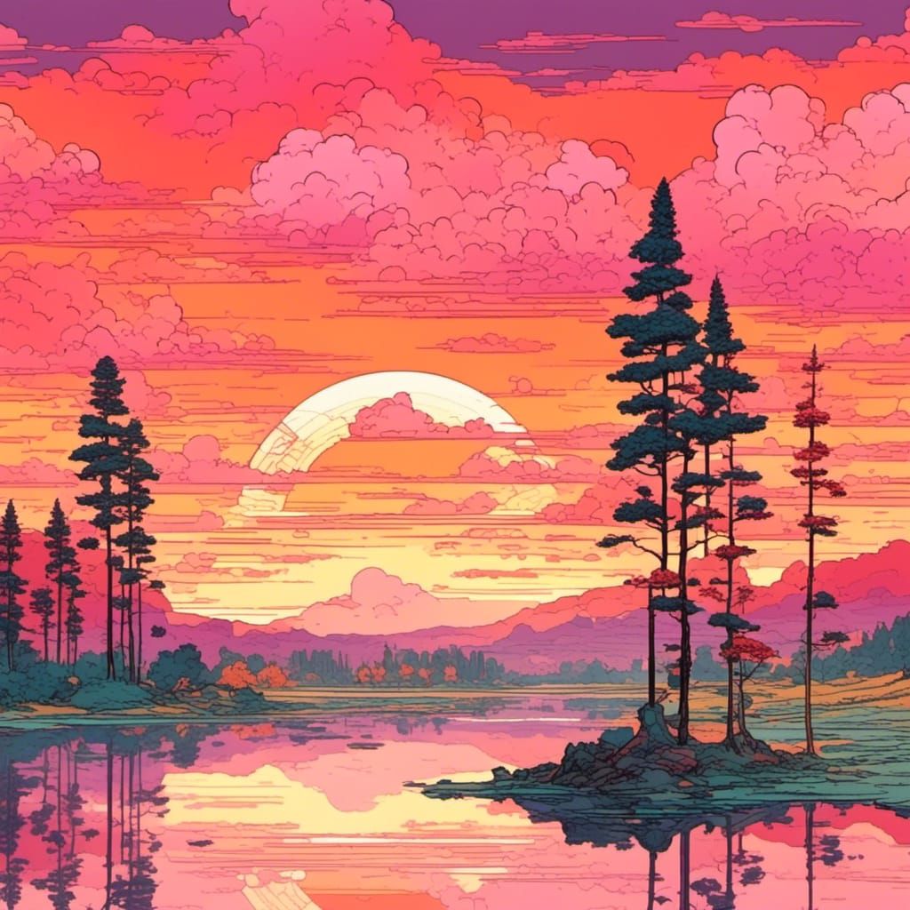 <lora:NPR:1.0> rainbow reflected in lake at sunrise on lake. orange, red, pink