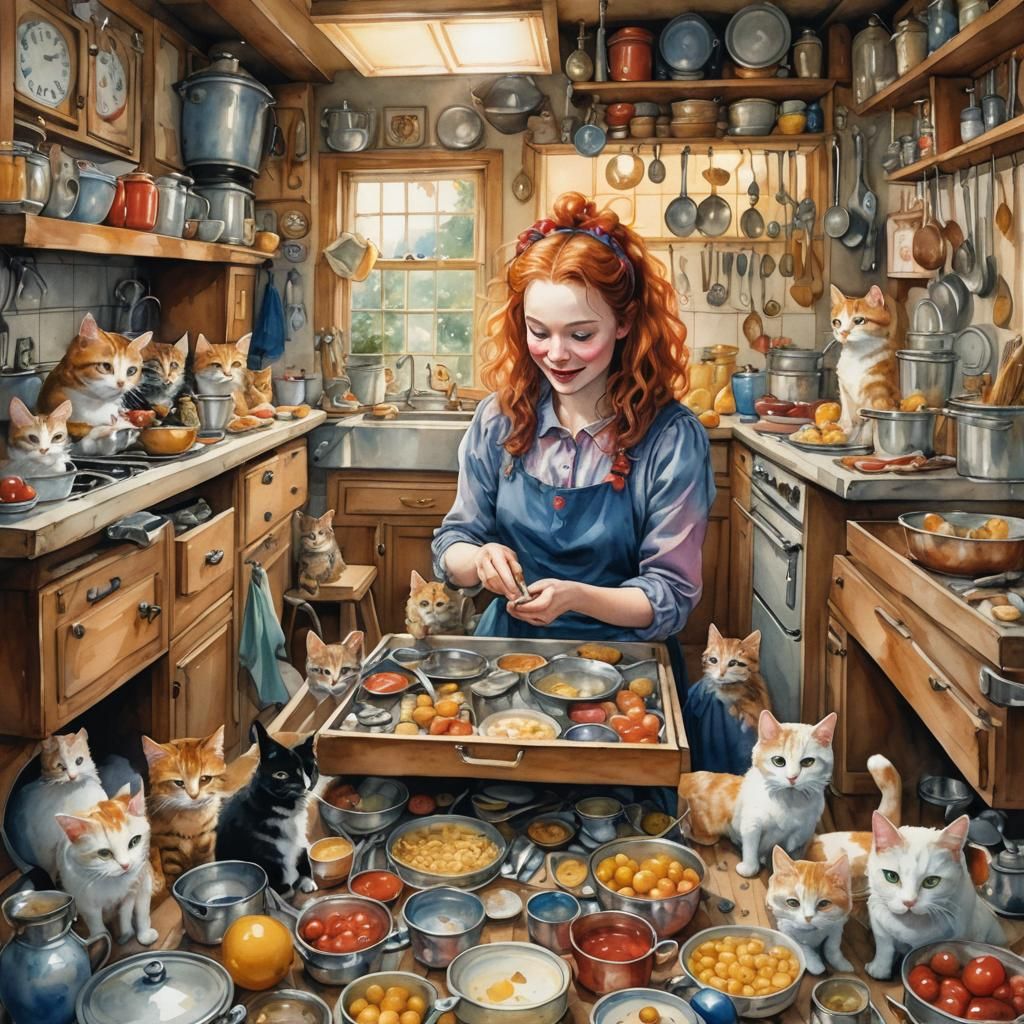 Cats Play in Kitchen: Whimsical Watercolor Painting