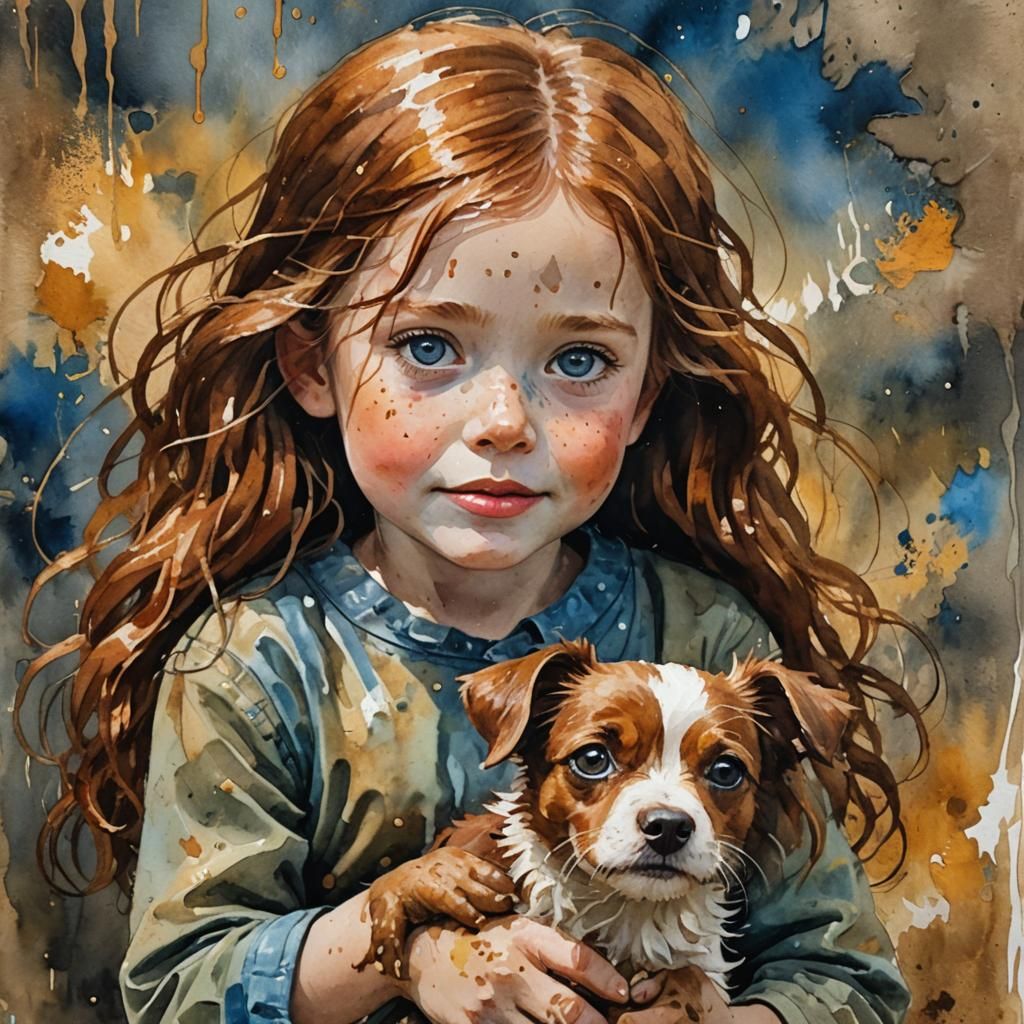 A detailed watercolor alcohol ink acrylic illustration depicting a cute, funny 5 year old girl with auburn hair and blue...