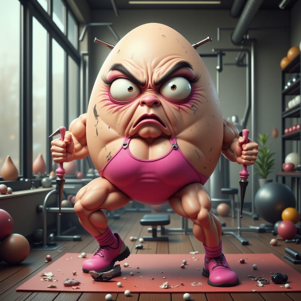 A female angry egg doing Pilates at the gym. She has eyelash...