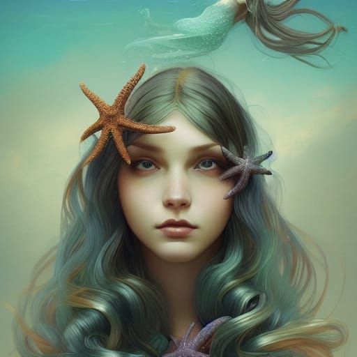 Mermaid Portrait with Starfish in Art Nouveau Style