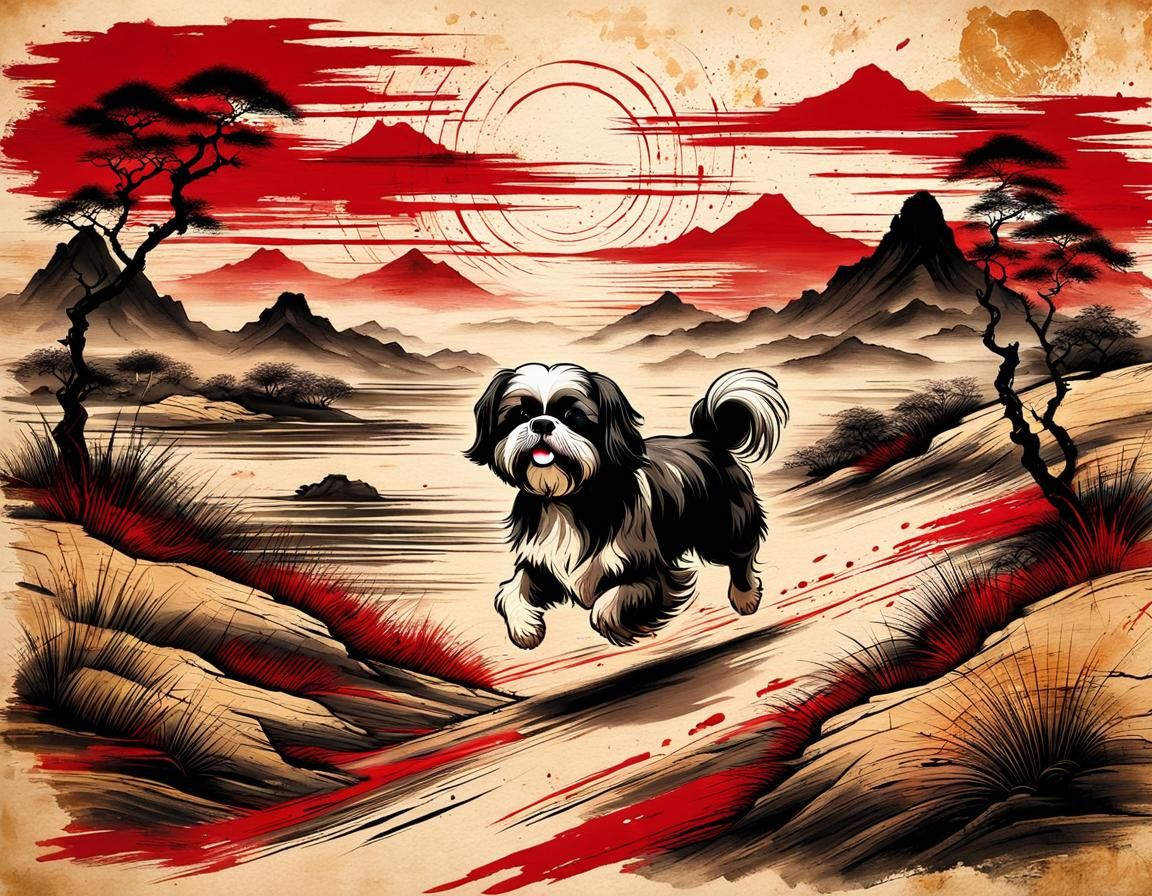 Shih Tzu Runs in Ancient Red Ink Landscape