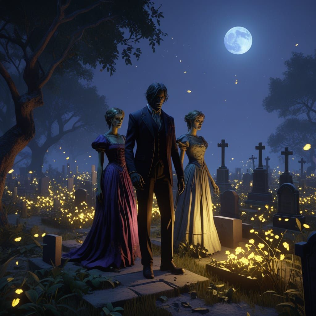 Zombie Teens Dance in Moonlight Horror Art