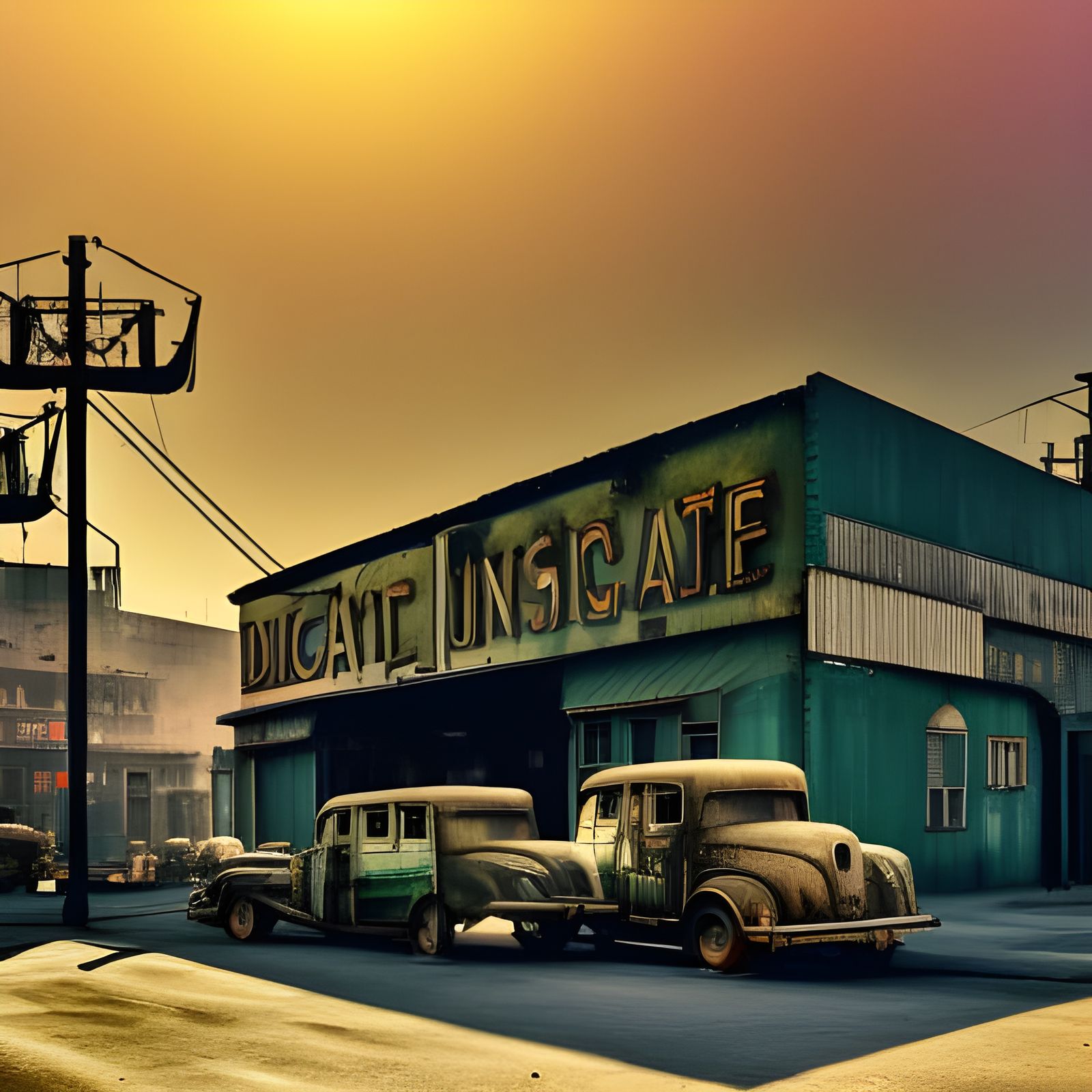 Dieselpunk building surrounded by clean post industrial shanty town, art deco buildings with dieselpunk elements, open s...