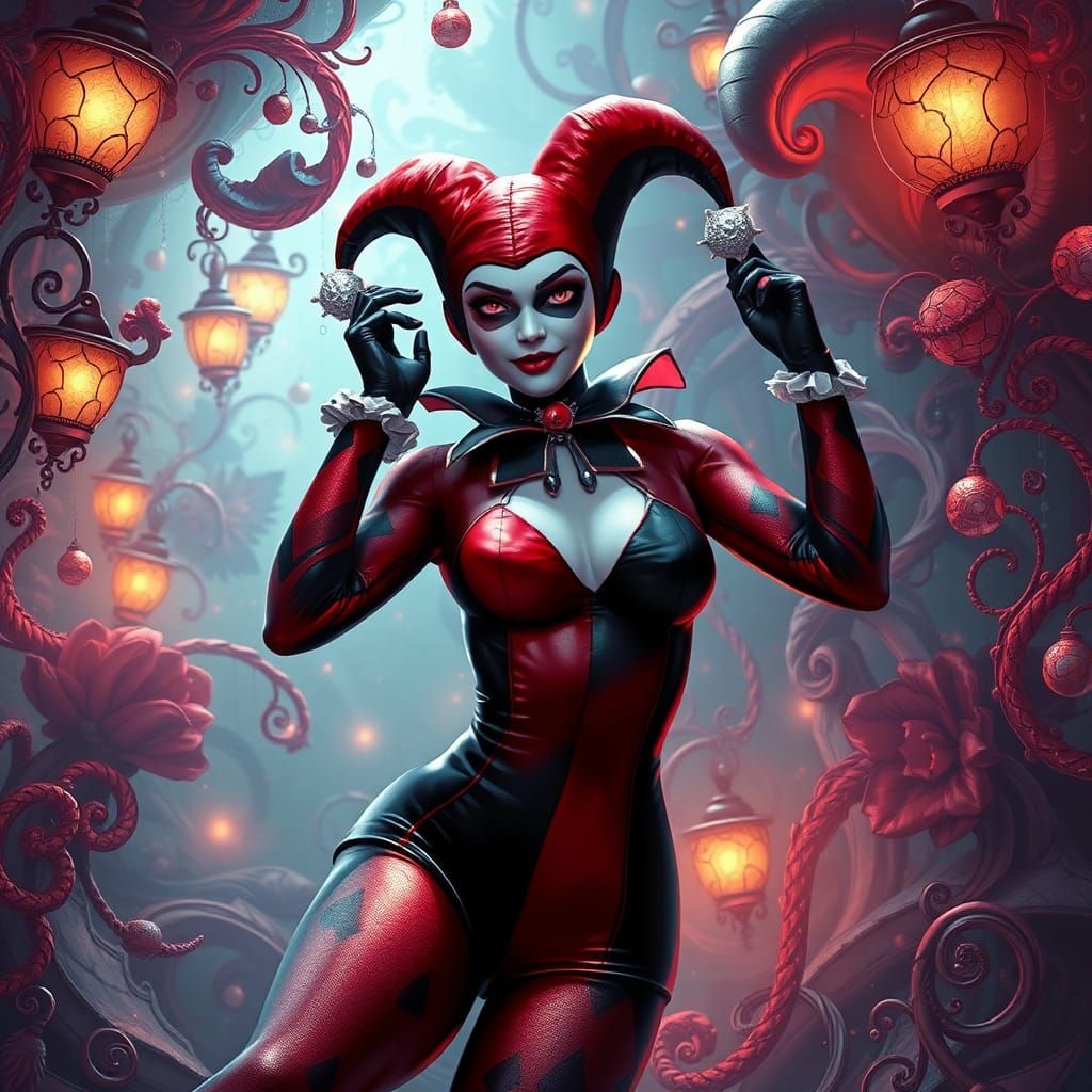 Harley Quinn in Dreamlike Baroque Fantasy Environment