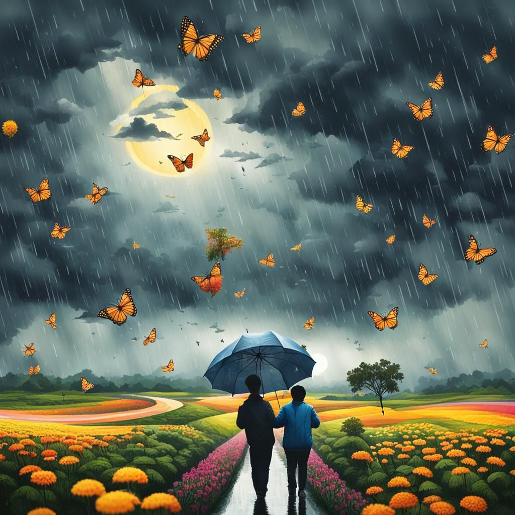 Rainy Day Scene with Umbrellas and Butterflies