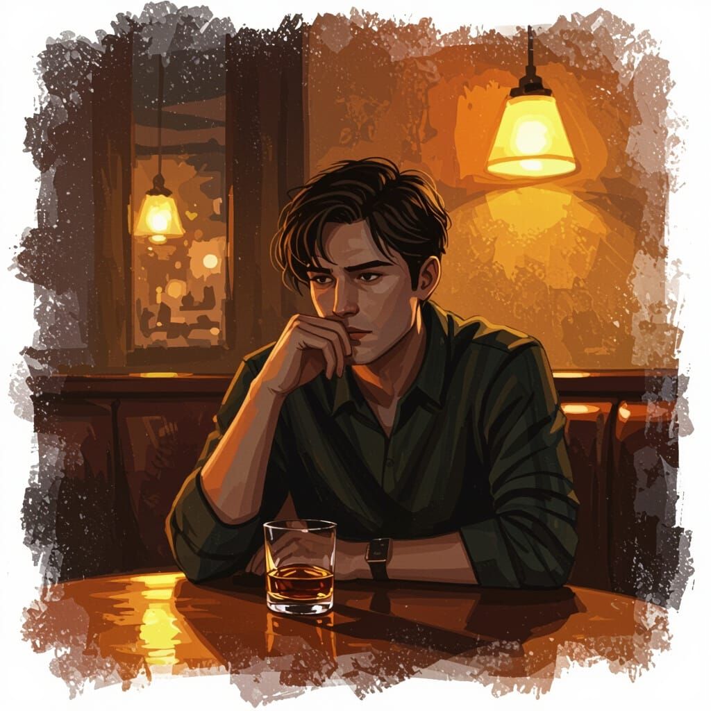 Solitary Figure Contemplates with Whiskey Glass