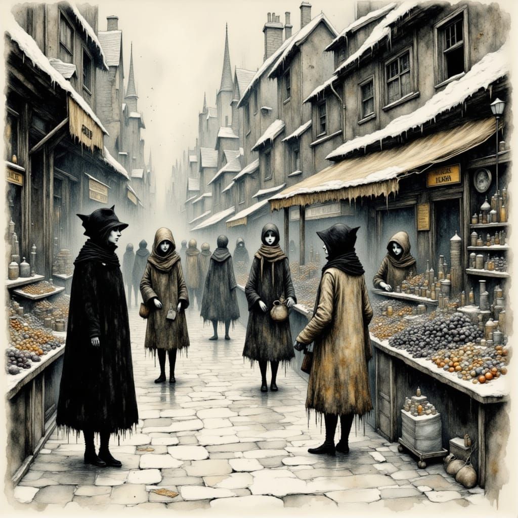 Medieval Winter Market Scene in Nanquim Ink Style