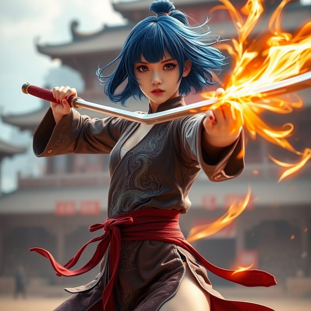 Blue-Haired Girl Sword Dance in Martial Arts Arena