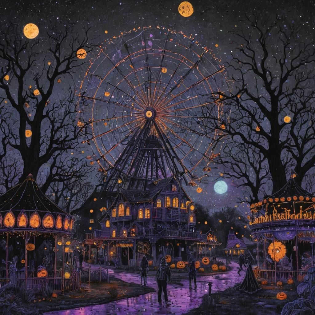 Whimsical Halloween Amusement Park in Pointillist Style