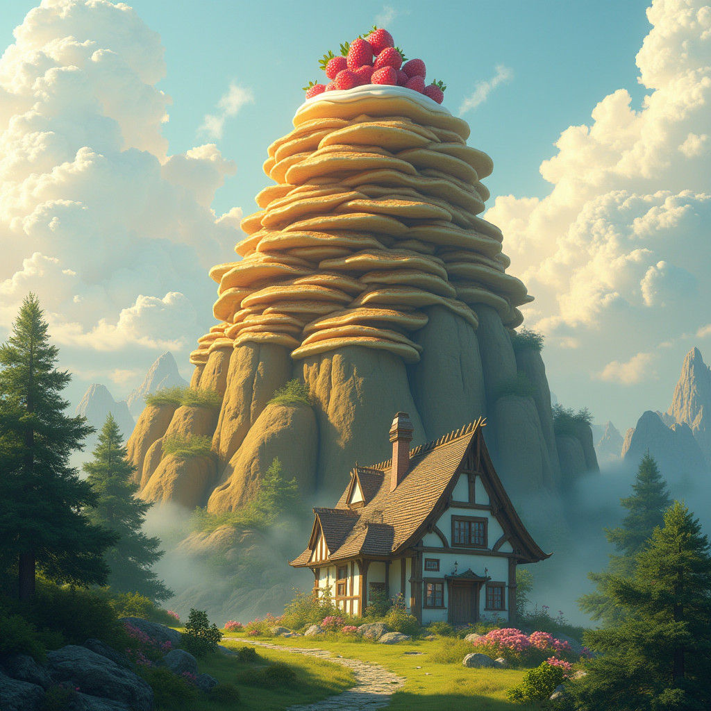 Pancake Mountain with Strawberry Cake, Digital Art