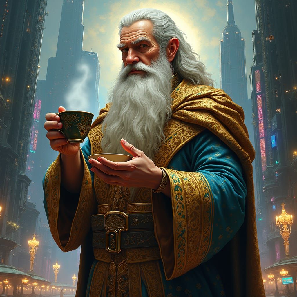 Majestic Wizard in Futuristic Cityscape, Cyberpunk Style