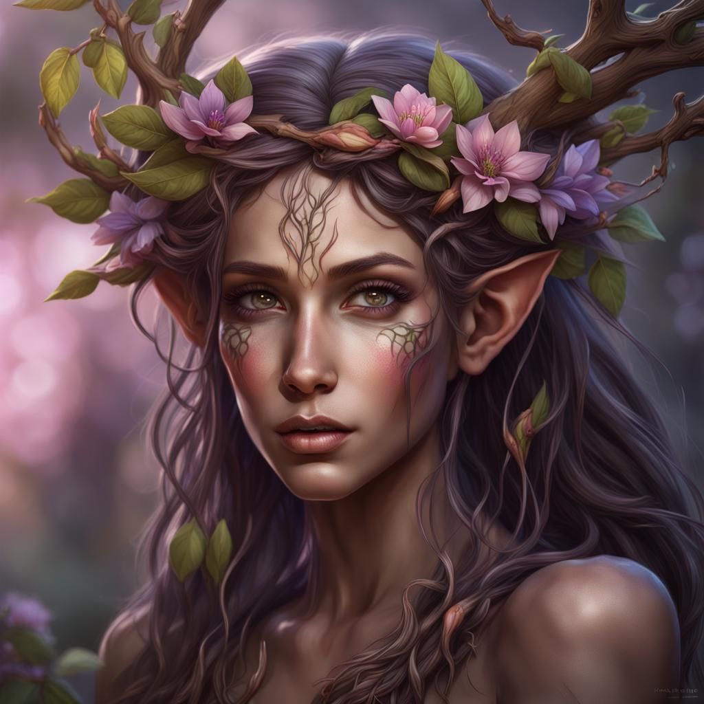 Wood Elf Woman with Flowers: Fantasy Concept Art