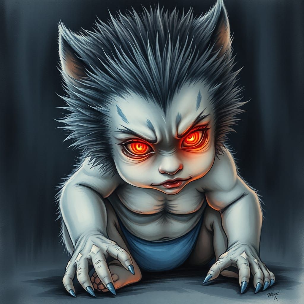 Baby Werewolf's First Transformation in Surreal Watercolor
