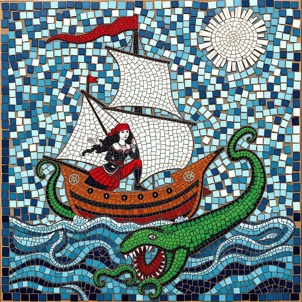 Mosaic Ship Meets Kraken in Pirate's Wake