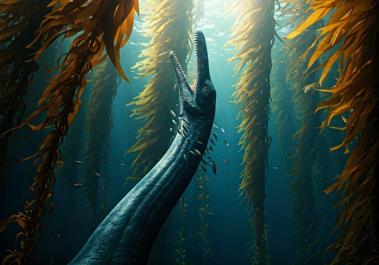 Majestic Plesiosaur Unleashes Vortex of Fish in Golden Kelp....