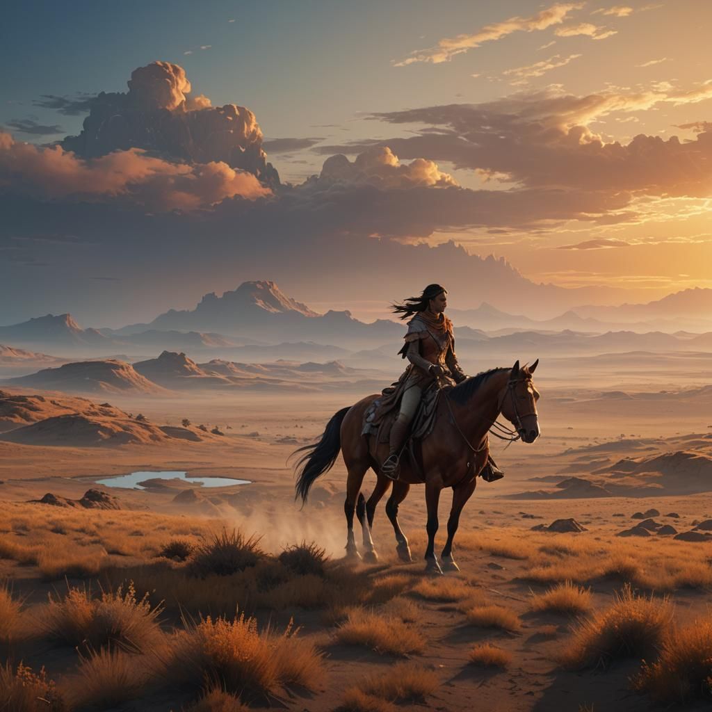 Young Woman on Horseback at Sunset