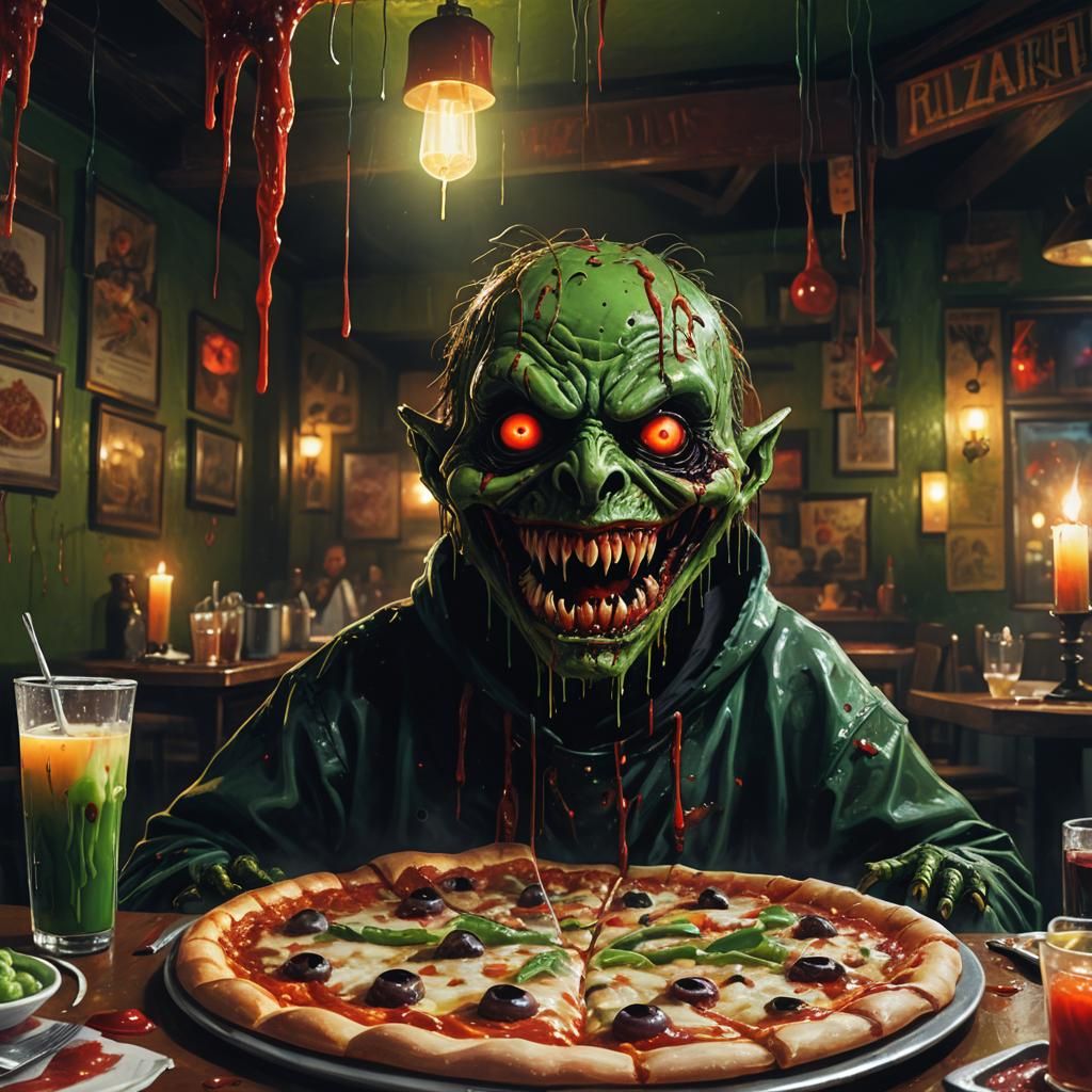 Sinister Mascot in Dark Fantasy Pizza Restaurant