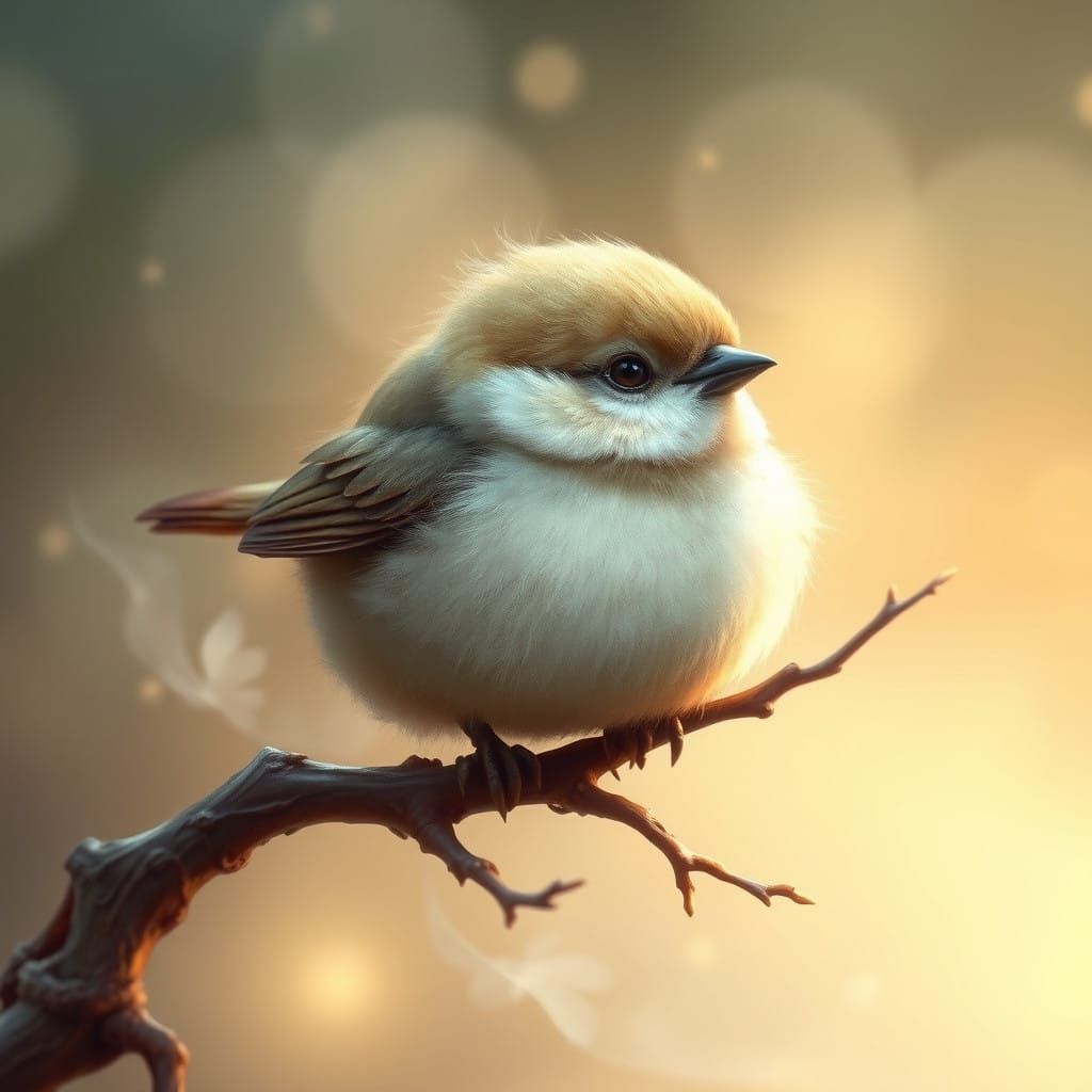 Whimsical Bird perched on a Twisted Root in Ethereal Landsca...