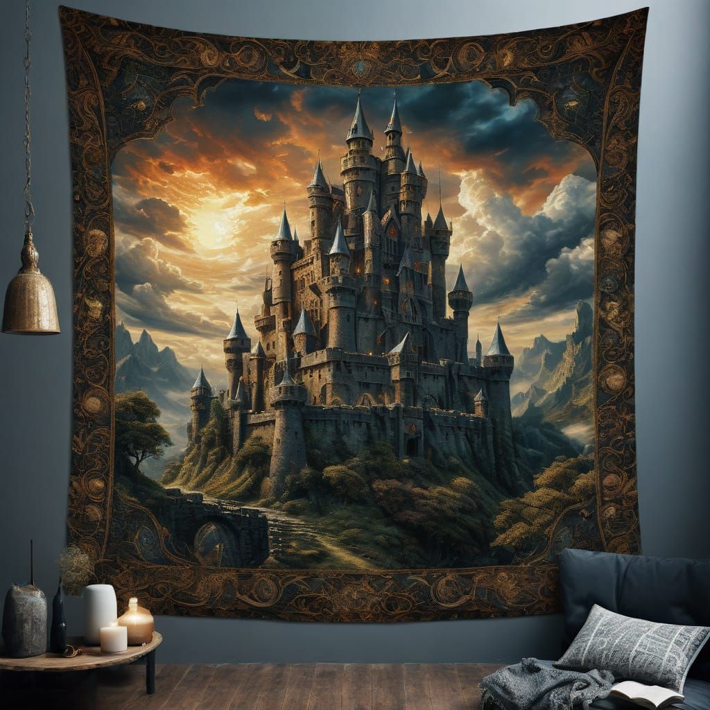 Knight Faces Colossal Paper Fortress in Oil Paint Sky