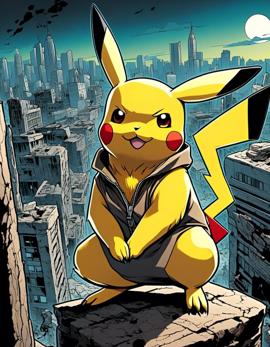 Pikachu Close-Up with Cityscape in Anthropomorphic Style