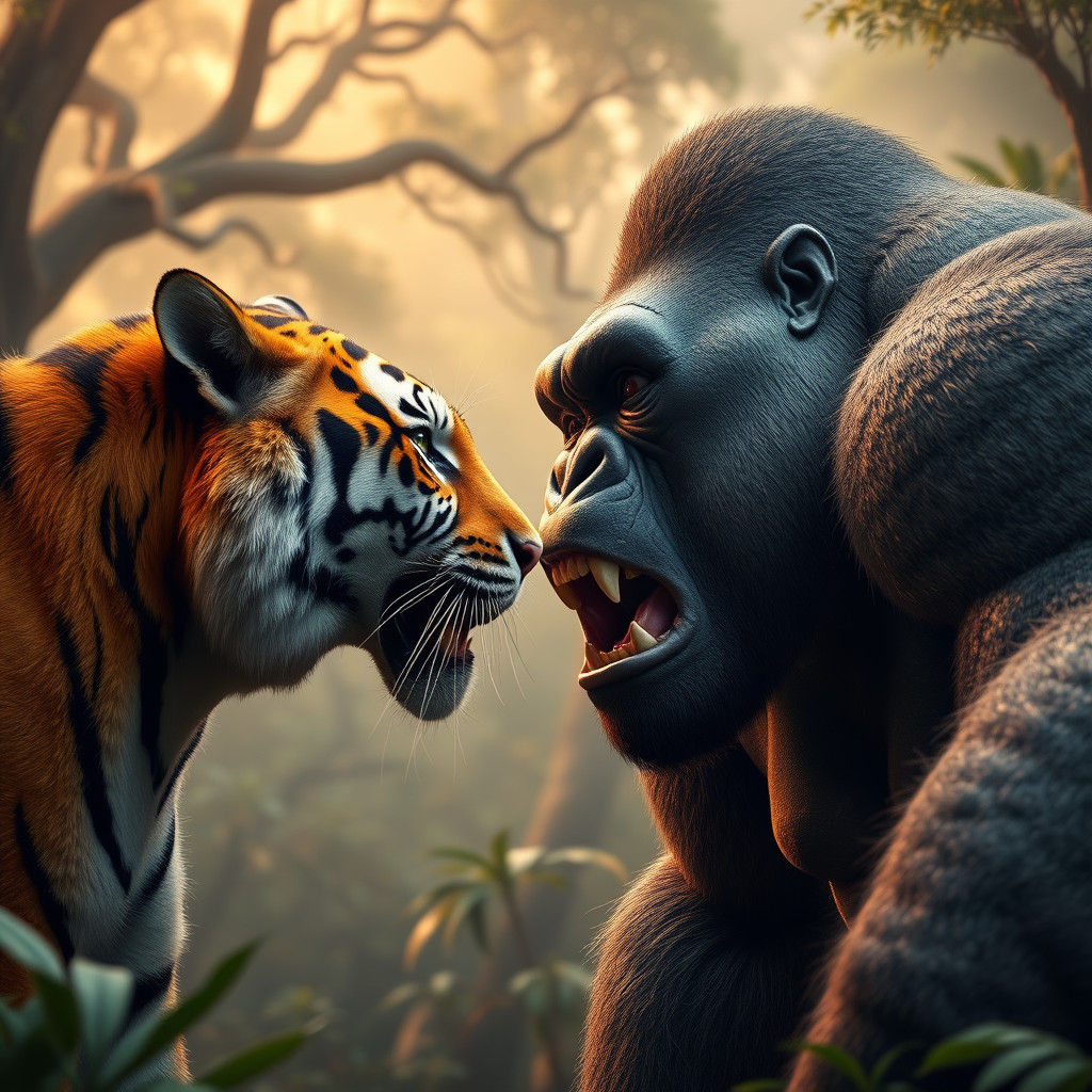 Tiger vs Gorilla Roaring in Jungle, 3D Cinematic