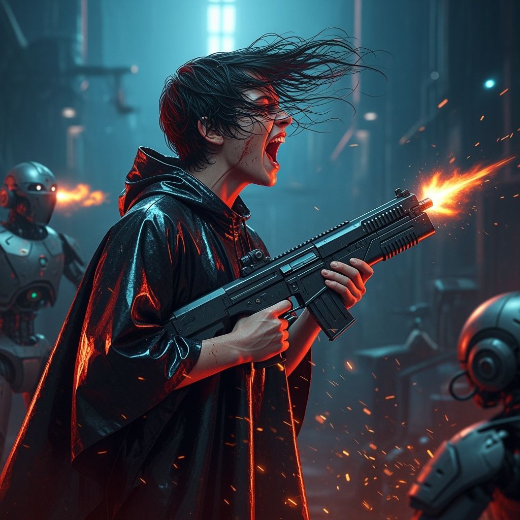 Cyberpunk Figure Screaming with Rifle in Neon Cityscape