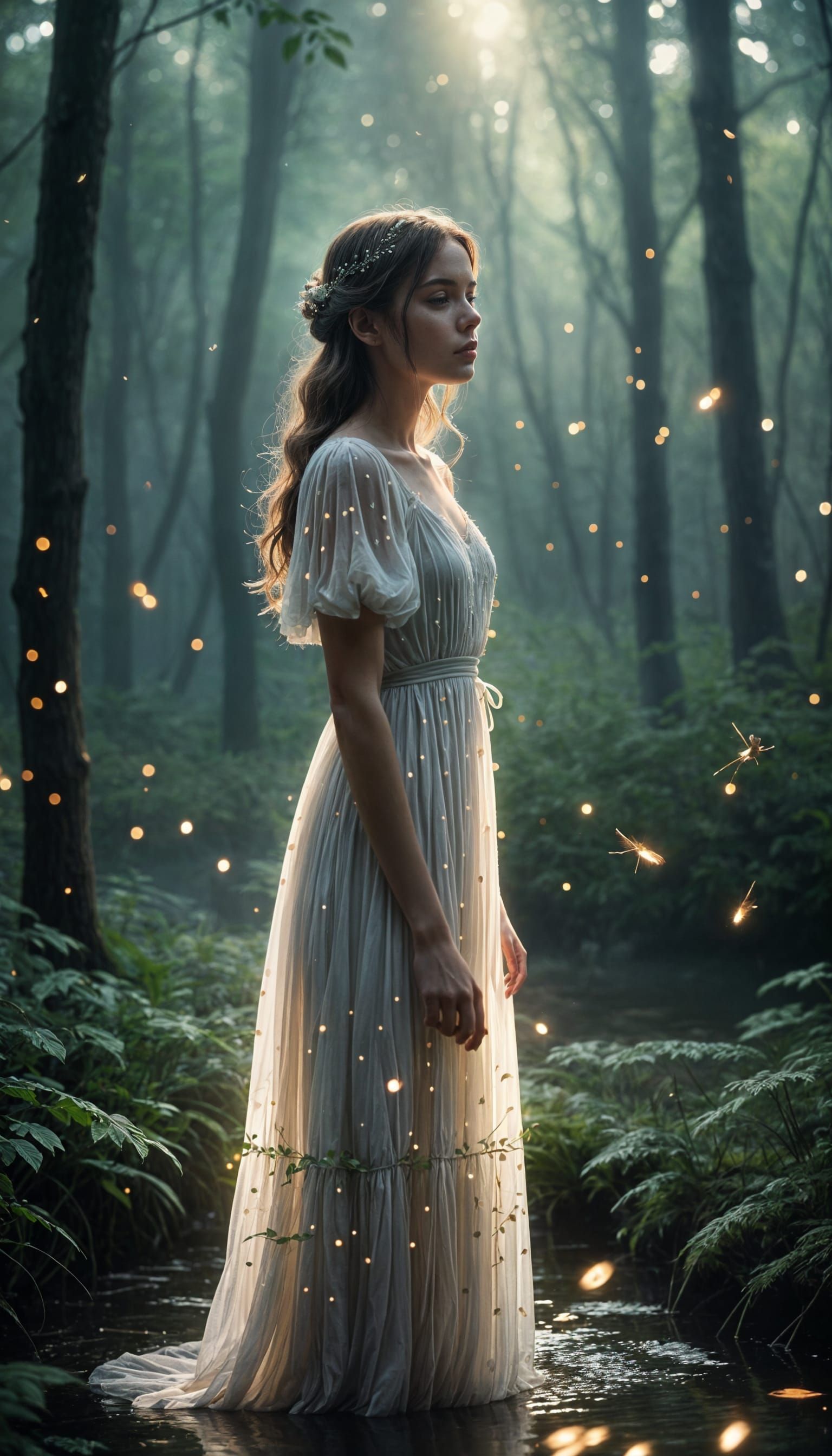 Mystical Forest Scene with Girl in White Dress