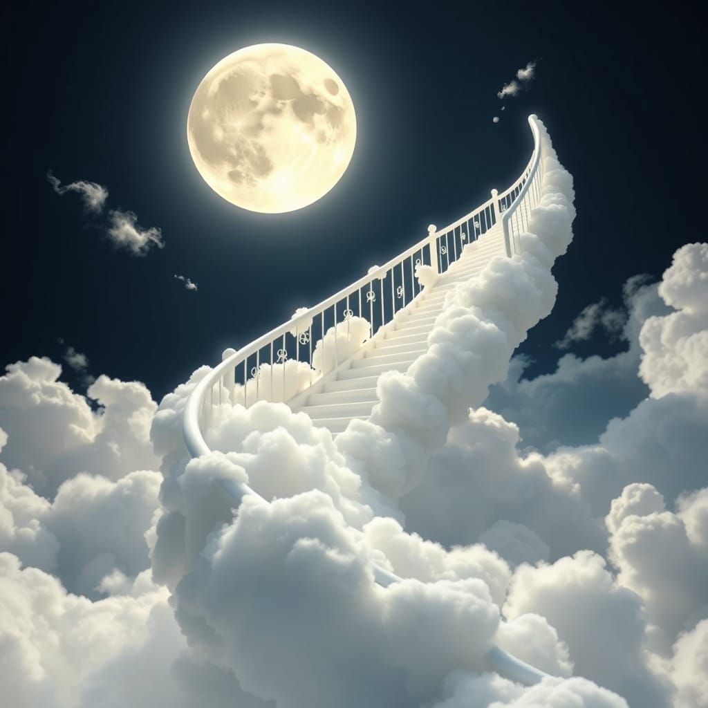 Cloud Spiral Staircase Ascends to Luminous Full Moon