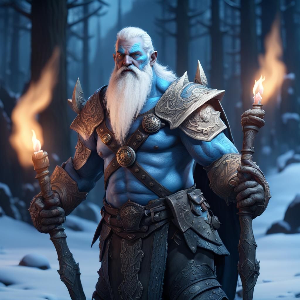 Blue Skinned Dwarf Warrior in Ice Landscape