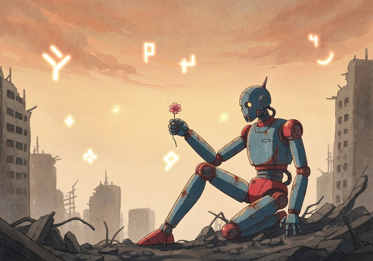 Robot Finds Flower in Ruined City Watercolor