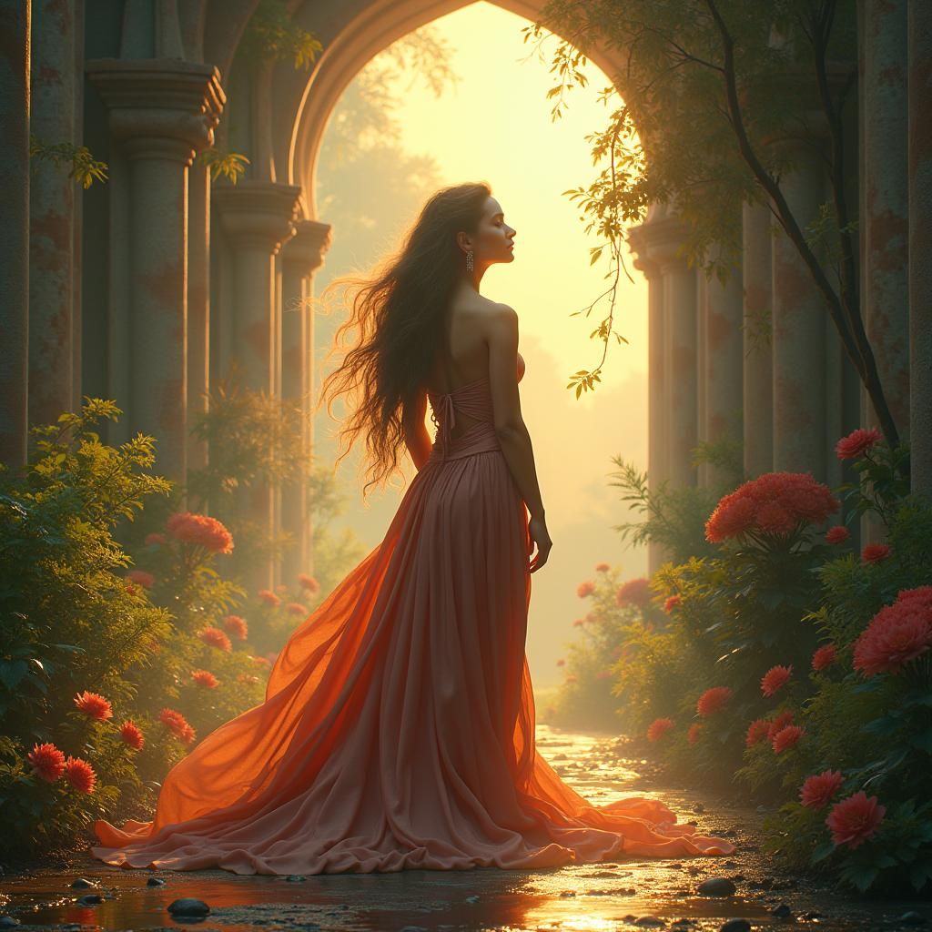 Majestic Woman's Resplendent Awakening in Fantasy Landscape