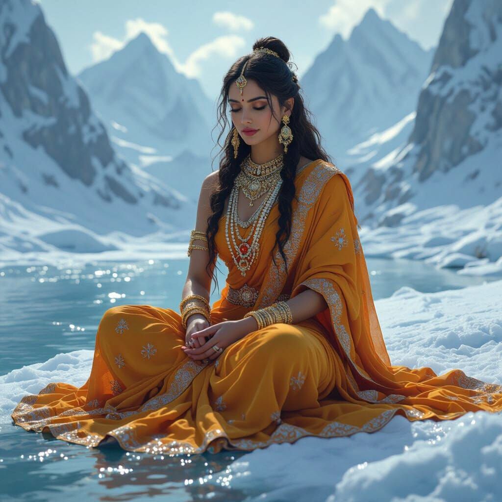 Parvati on Icy Riverbank: Matte Painting Style