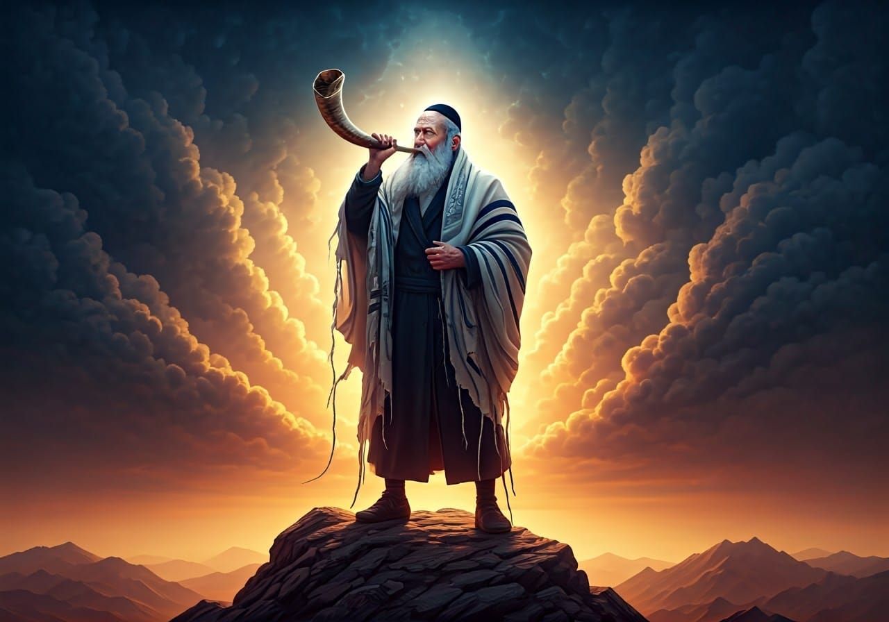 Jewish Man Blowing Shofar on Mountain Peak