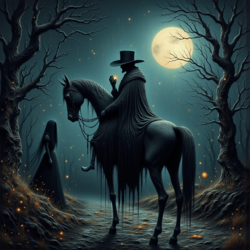 Headless Horseman on Skeletal Steed Under Moonlight