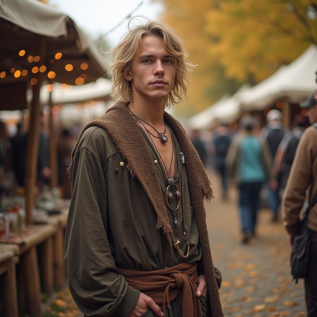 Man in Pagan Attire at Autumn Festival Marketplace