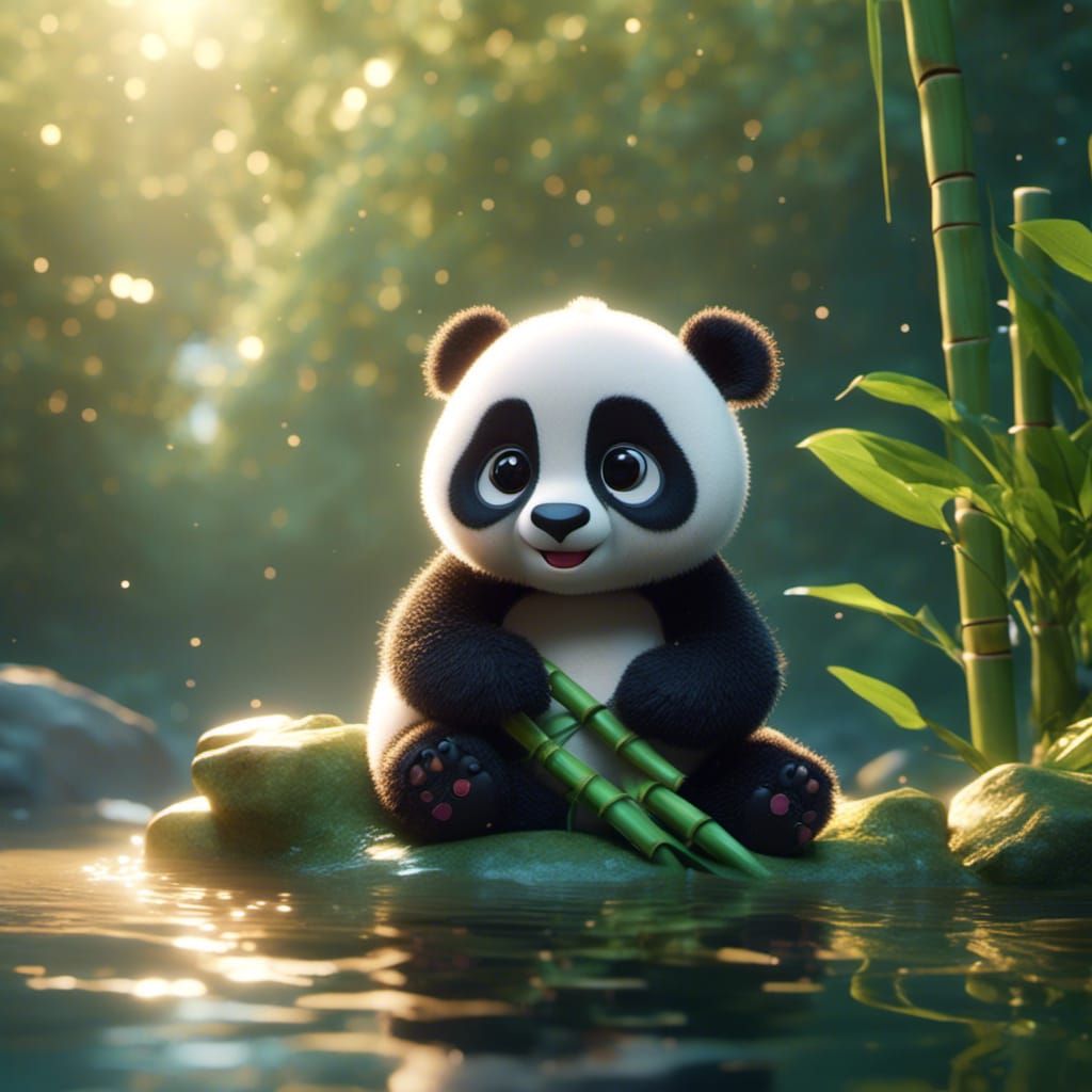 Cutest Panda Baby Eating Bamboo: 3D Digital Art