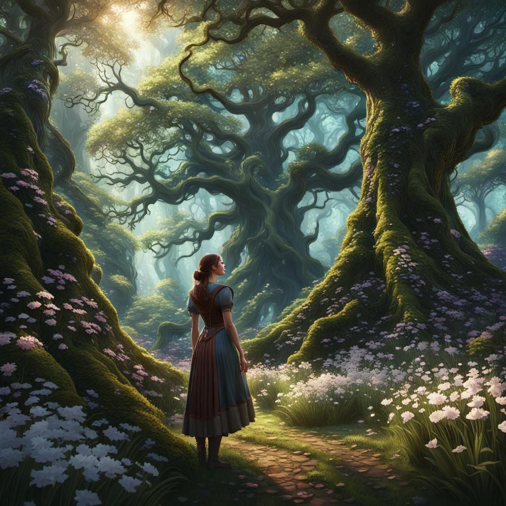 Girl Smelling Flowers in Lush Forest Concept Art