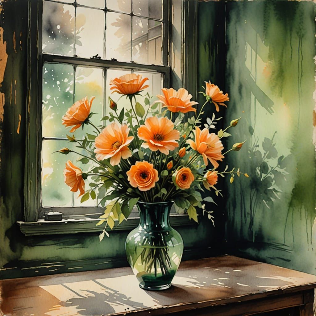 Floral Arrangement in Modern Ink Painting Style