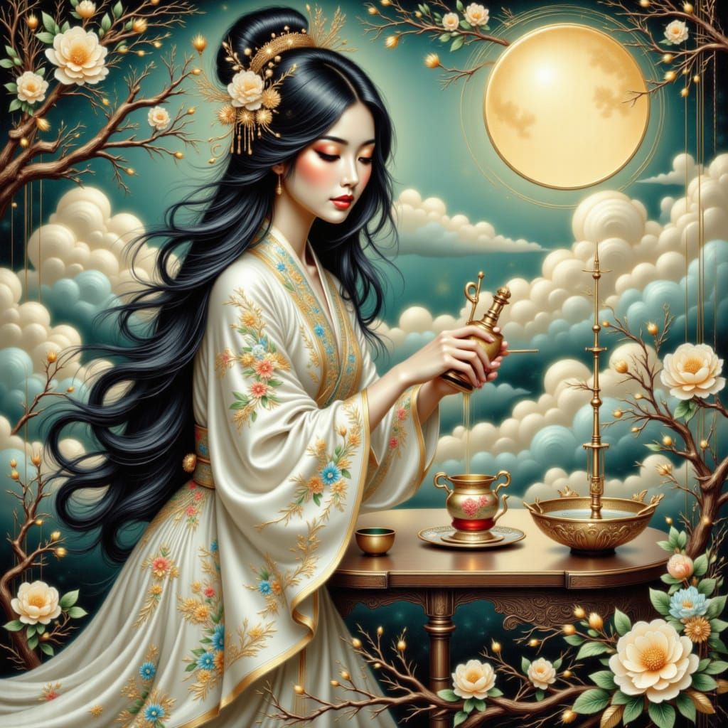 Ethereal Celestial Woman Pours Elixir Under Moonlight