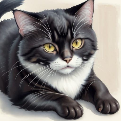 Ink Painting of a Beautiful Cat in Gouache Style