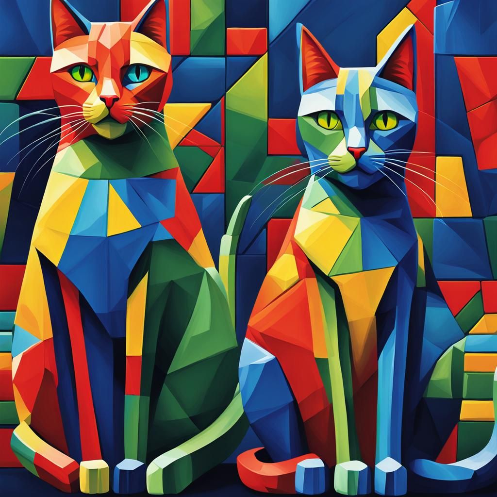 Colorful Cats in Cubist Geometric Style