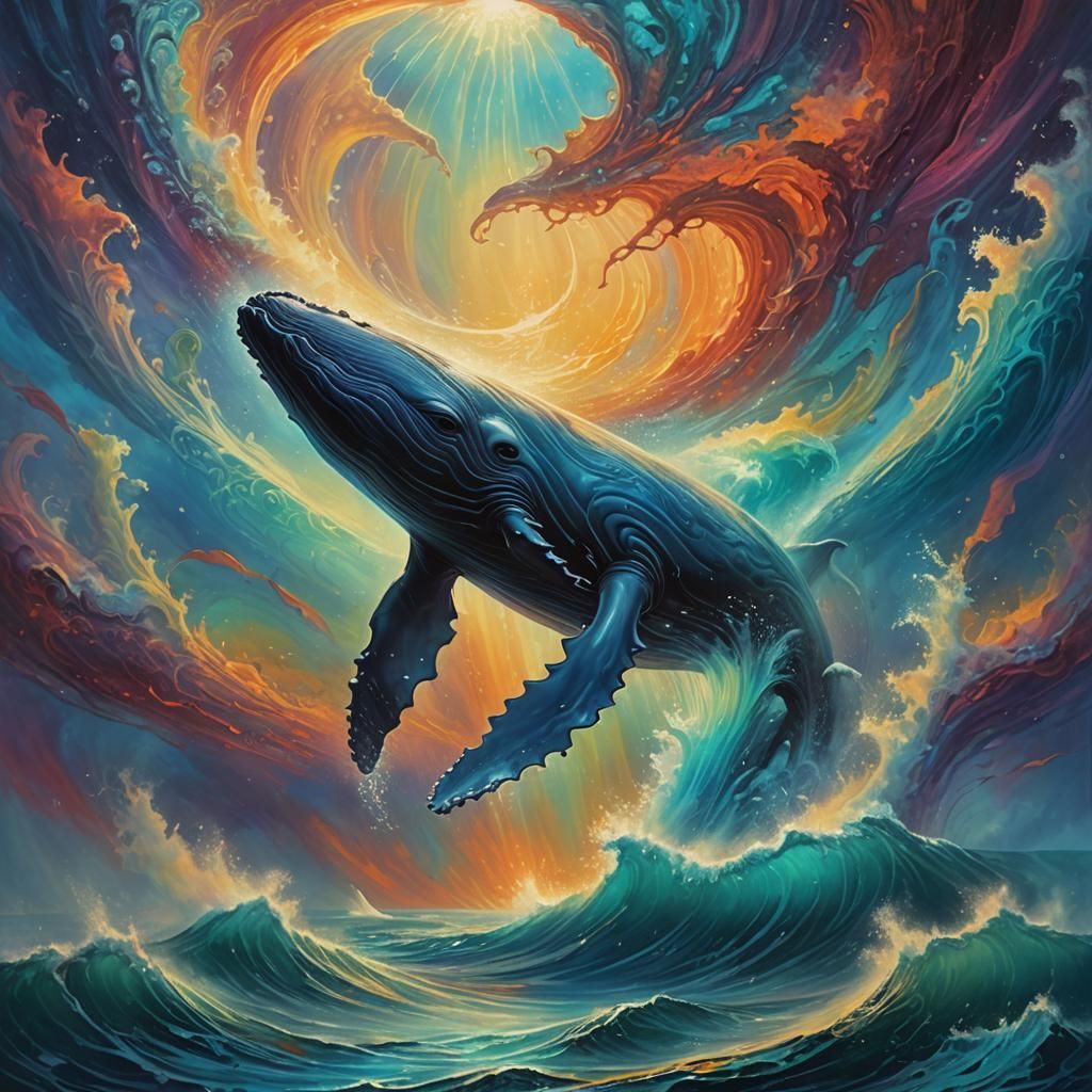 Whale Breaching in Iridescent Underwater World