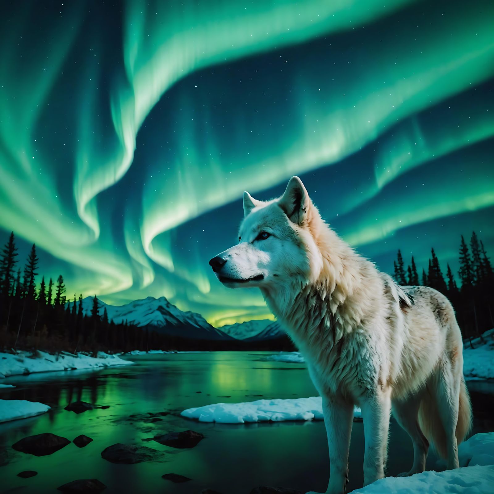 Aurora Borealis Reveals a White Wolf