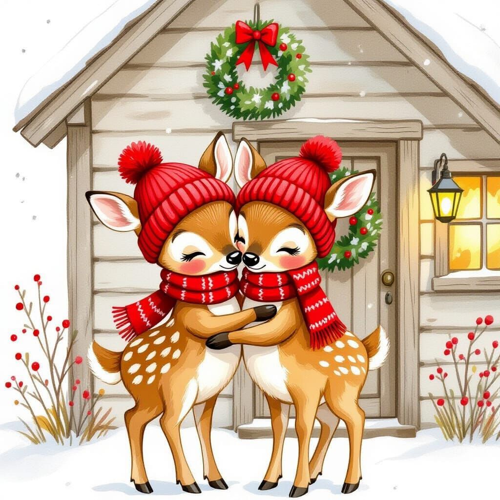 Deer Embrace in Winter Hats: Watercolor Illustration