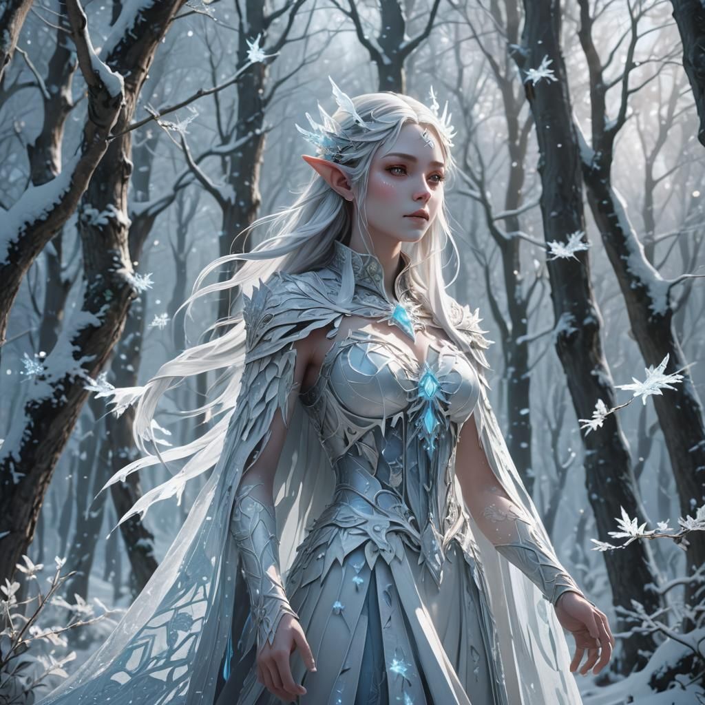Icy Spirit Elf in Snowy Forest: Surreal Anime Art