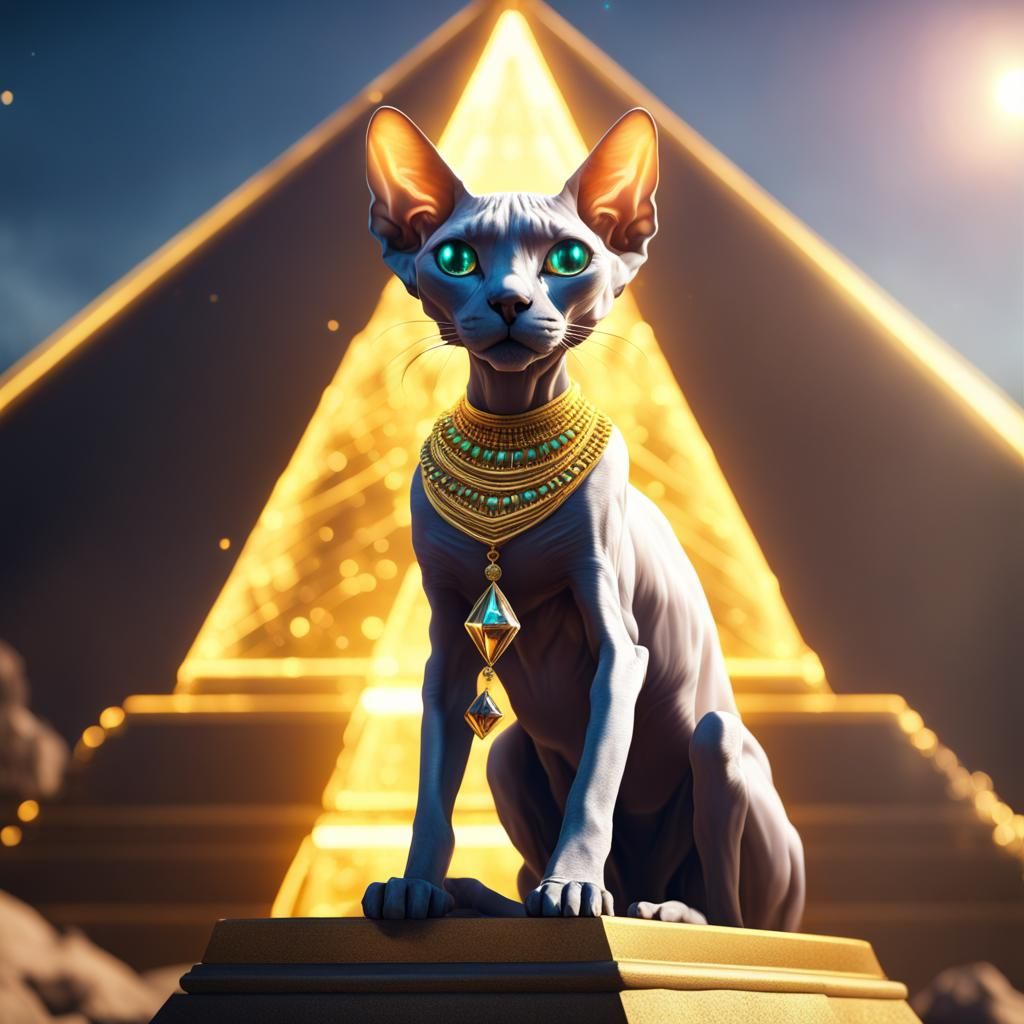 Sphinx Cat Guarding Gold Pyramid, Detailed Matte Painting